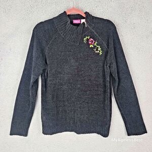 Pappagallo Womens Sweater M Pullover Asymmetric Zip Mock Embroidered Cottagecore